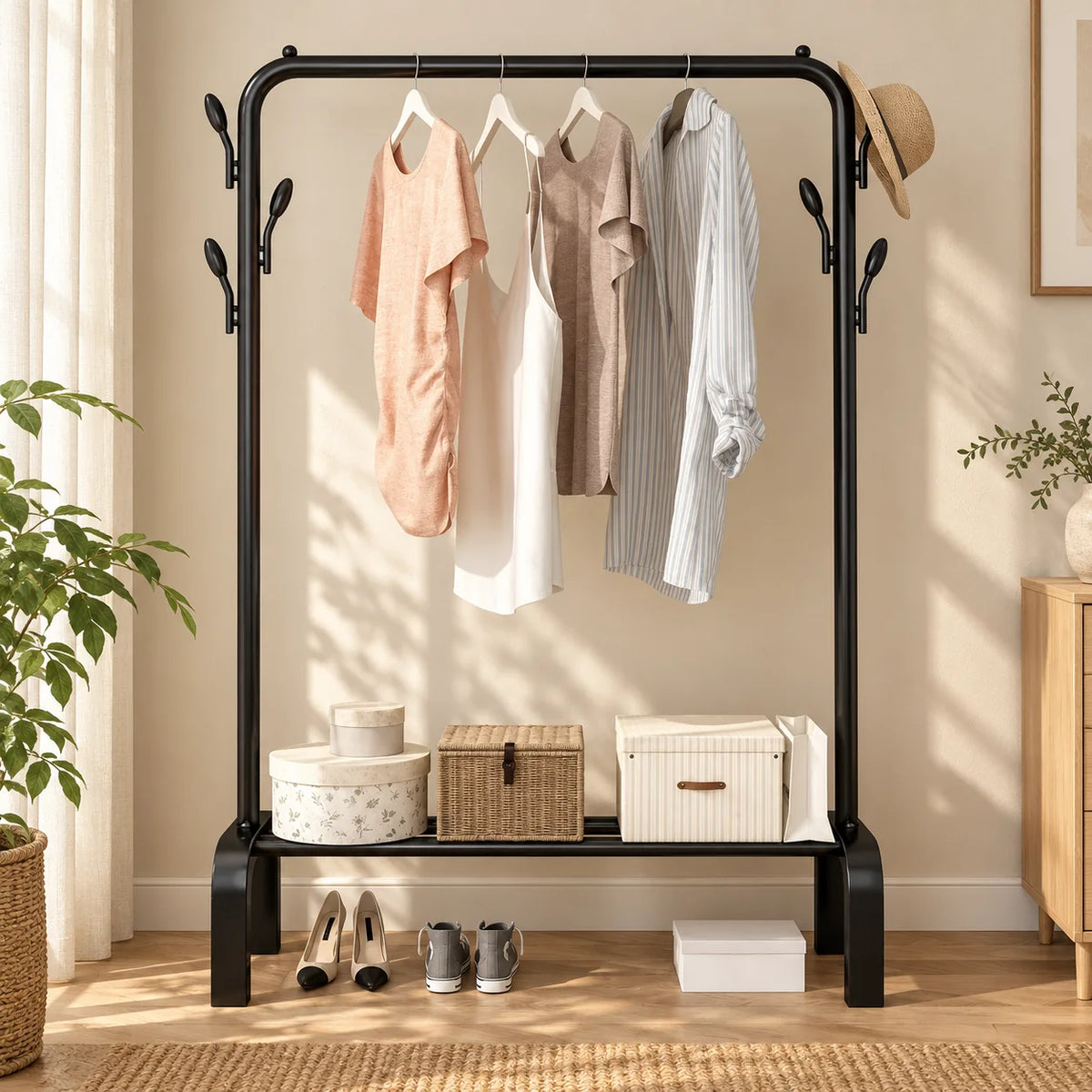 Portant dressing noir à barre ronde dans une pièce lumineuse, avec vêtements et rangements