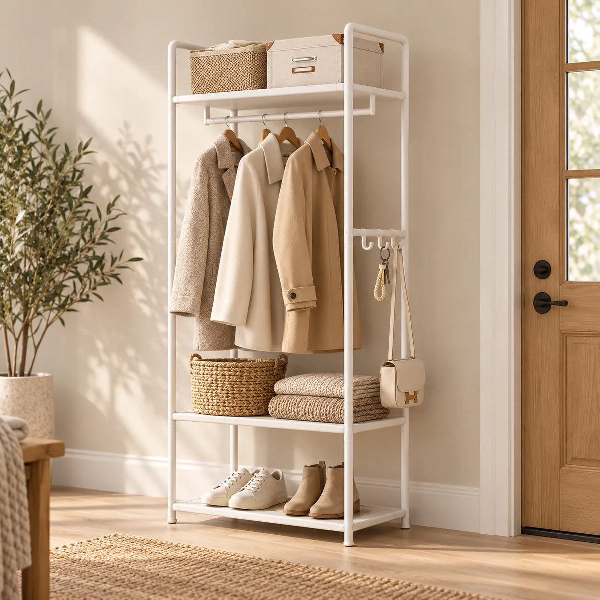 Porte-manteau meuble blanc sans roulettes dans une entrée lumineuse avec vêtements et chaussures