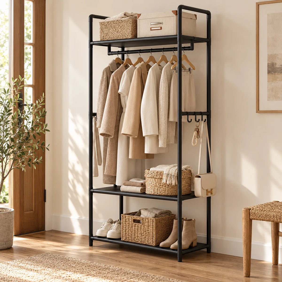 Porte-manteau meuble noir sans roulettes dans une entrée avec vêtements, paniers et chaussures Image