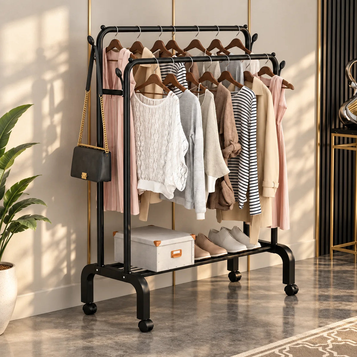 Portant dressing noir à deux barres avec vêtements dans une entrée lumineuse