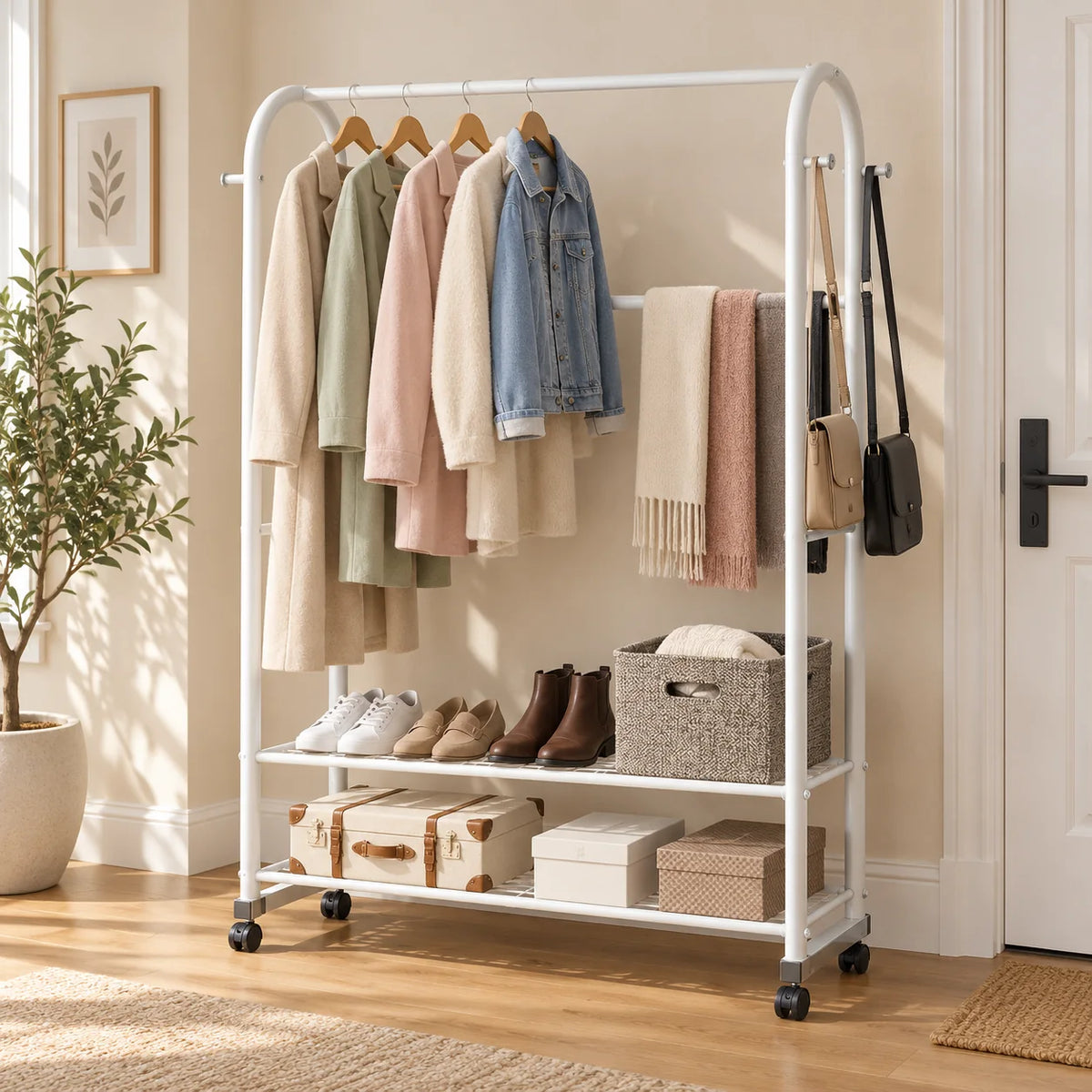Portant blanc Luxe installé dans une entrée avec manteaux et chaussures