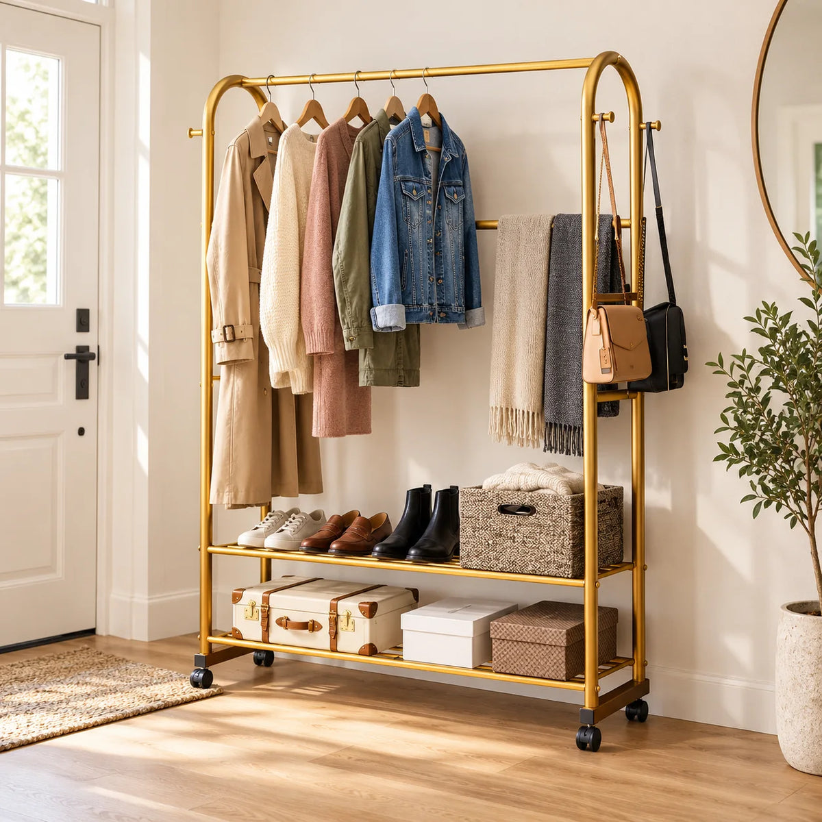 Portant doré Luxe Or installé dans une entrée avec vêtements, sacs et chaussures Image