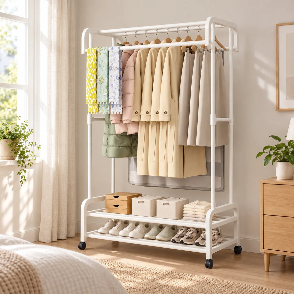 Penderie blanche avec vêtements et chaussures dans une chambre lumineuse
