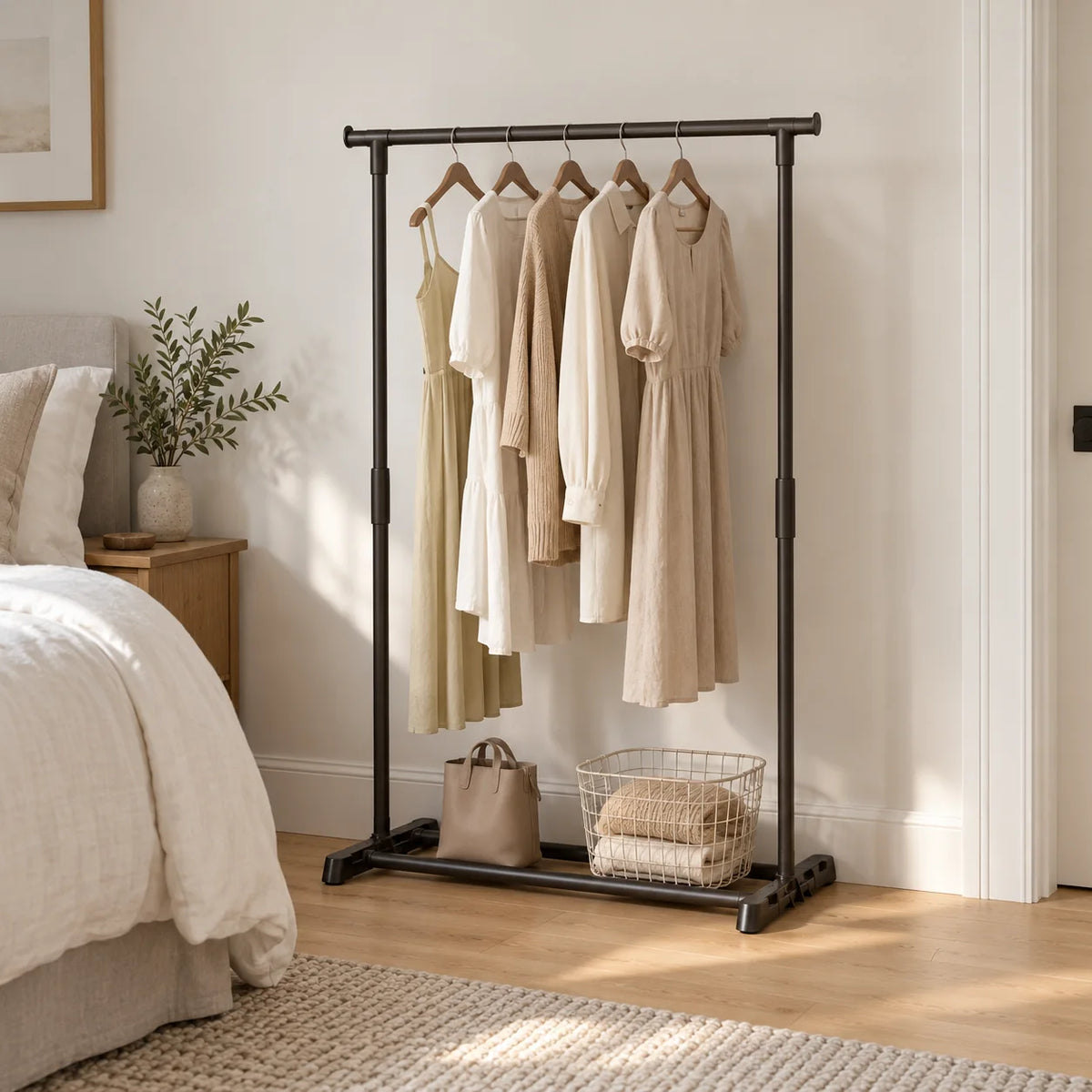 Petit portant dressing noir avec vêtements dans une chambre lumineuse