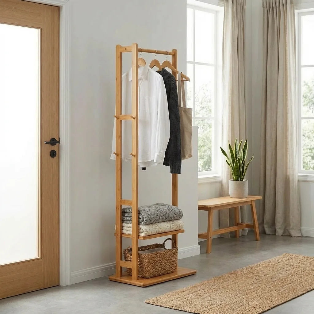 Portant en bambou installé dans une entrée avec vêtements suspendus et panier de rangement