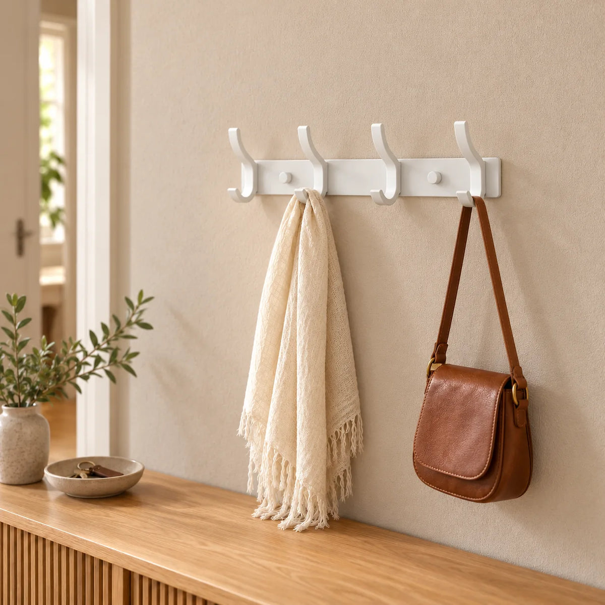 Porte-manteau blanc à quatre crochets dans une entrée avec écharpe claire et sac brun Image