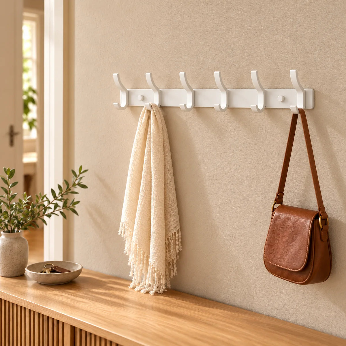 Porte-manteau blanc à six crochets dans une entrée avec écharpe claire et sac brun