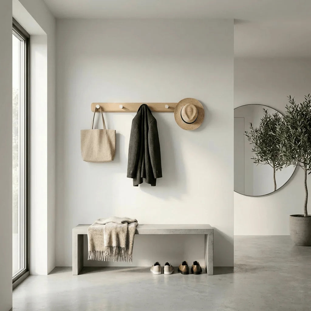 Porte-manteau mural en bois à cinq crochets blancs dans une entrée claire, photo originale