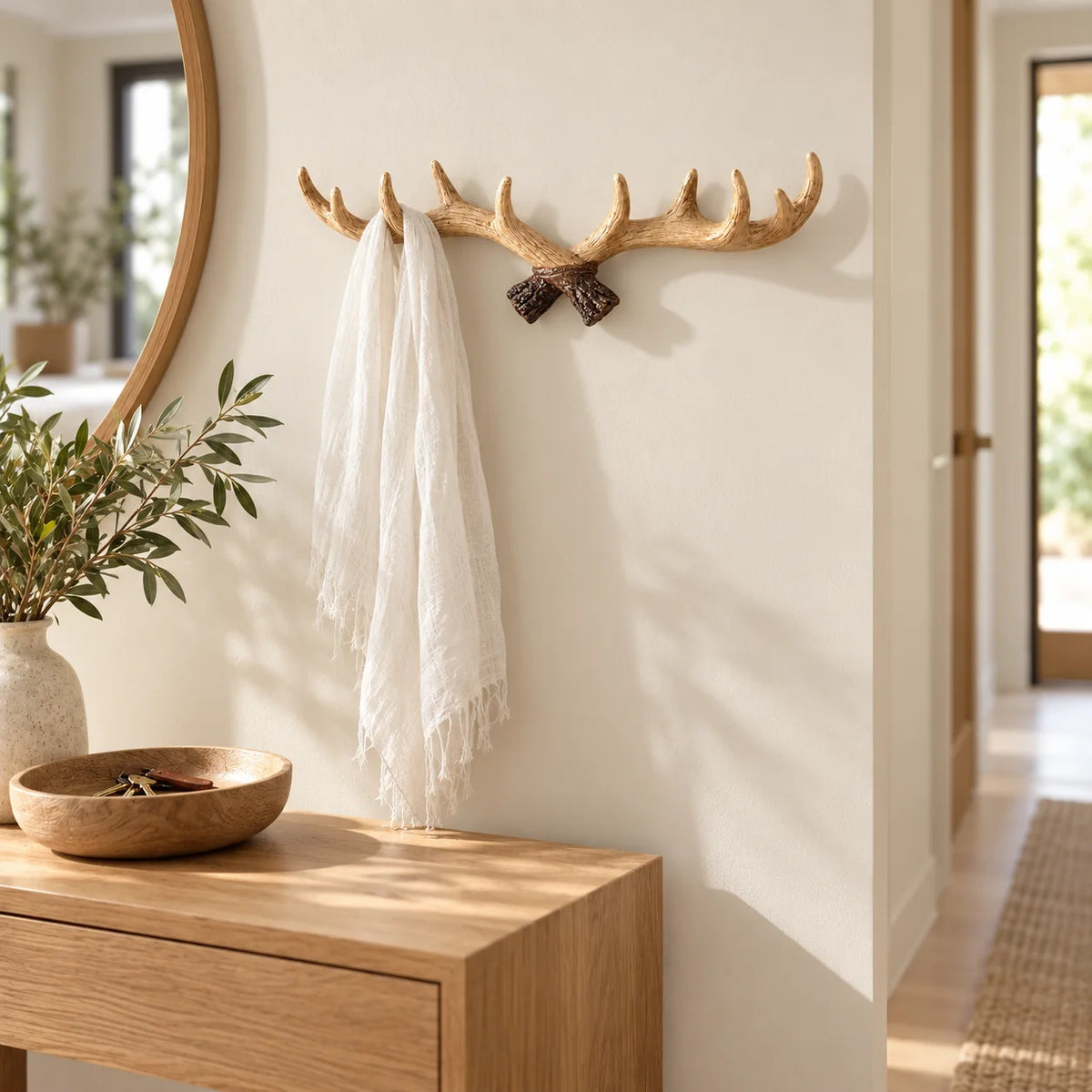 Patère murale bois de cerf beige clair avec foulard dans une entrée lumineuse