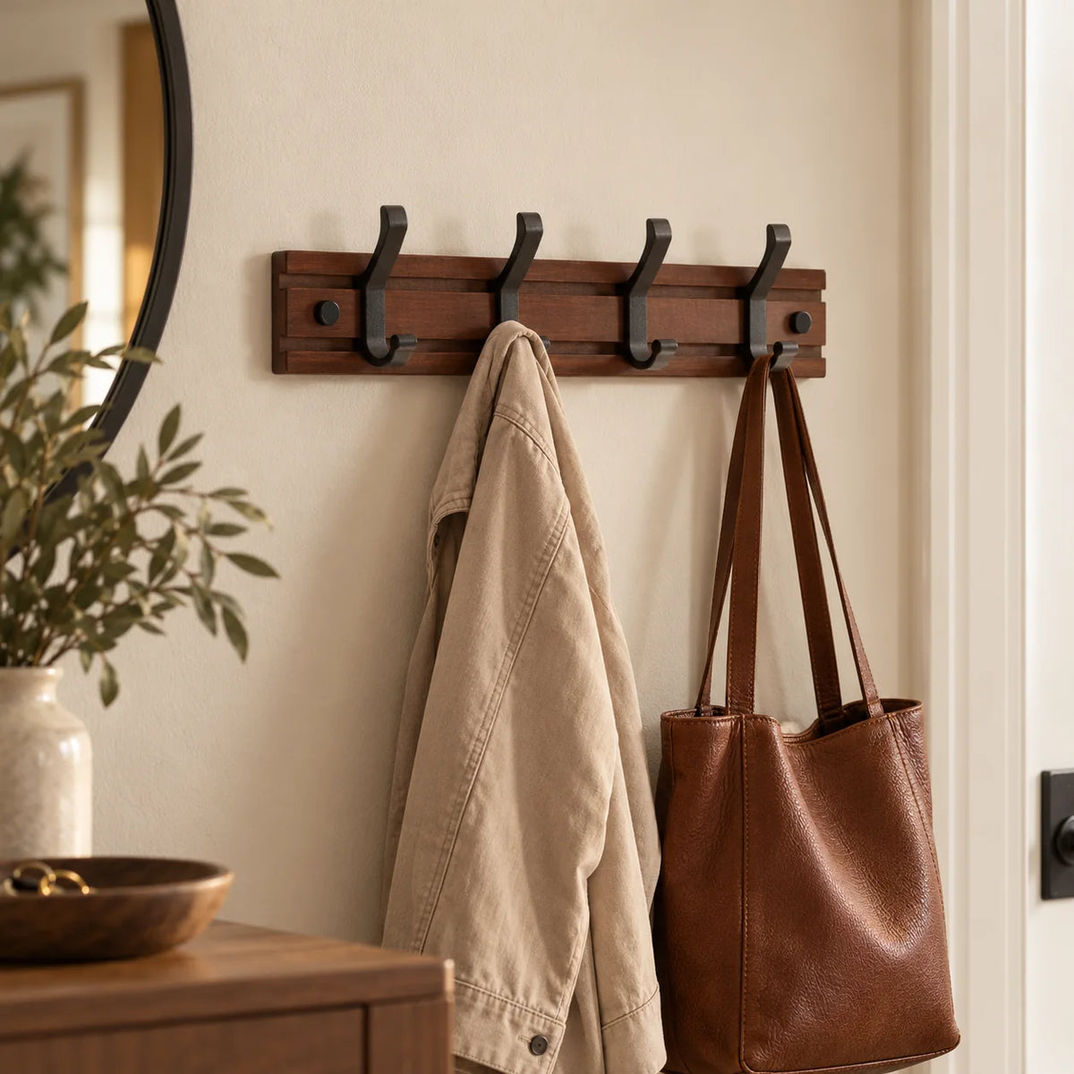 Porte-manteau mural en bois foncé avec veste et sac dans une entrée