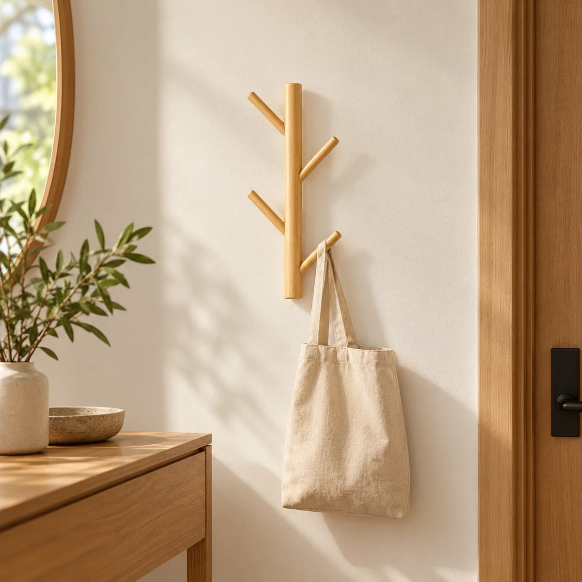 Porte-manteau mural en bois clair portant un sac en toile dans une entrée Image