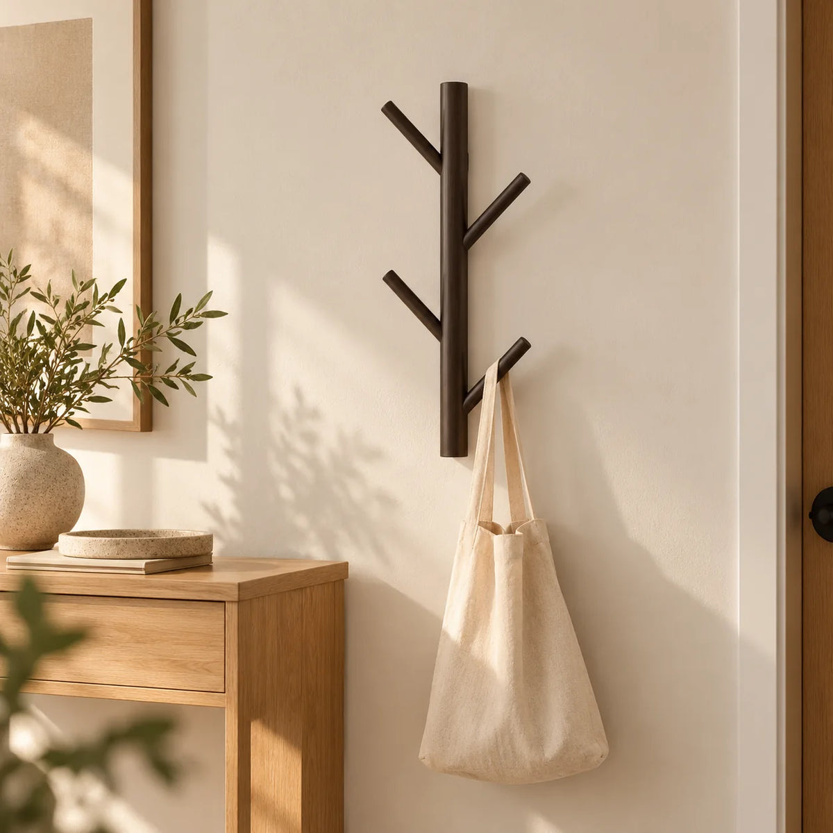 Porte-manteau mural en bois foncé portant un sac en toile dans une entrée