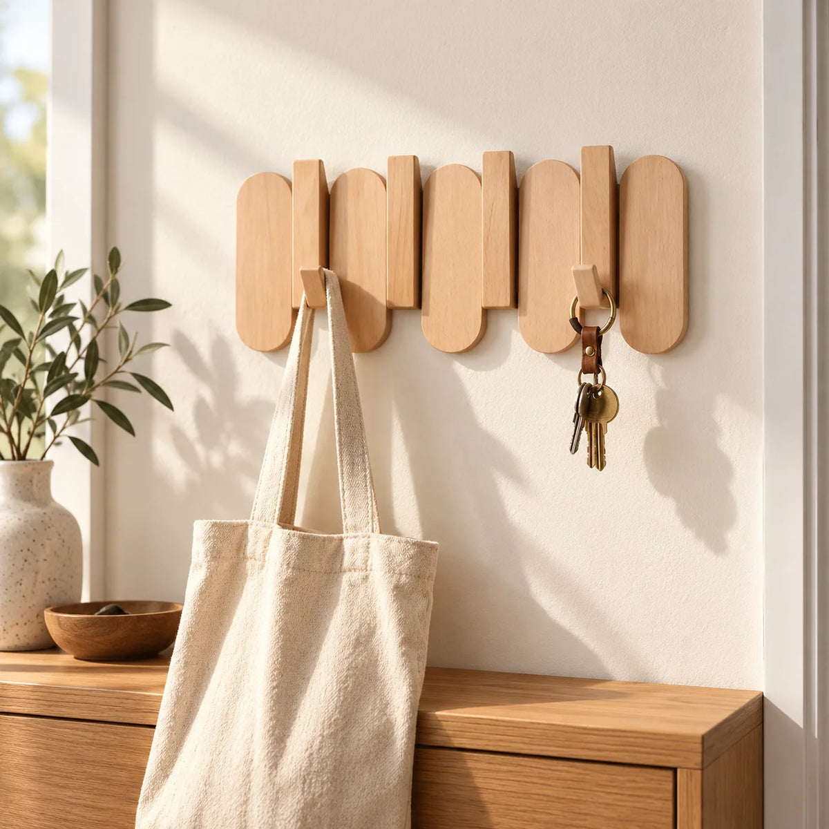 Petit porte-manteau mural en bois clair avec sac et clés au-dessus d’un meuble d’entrée