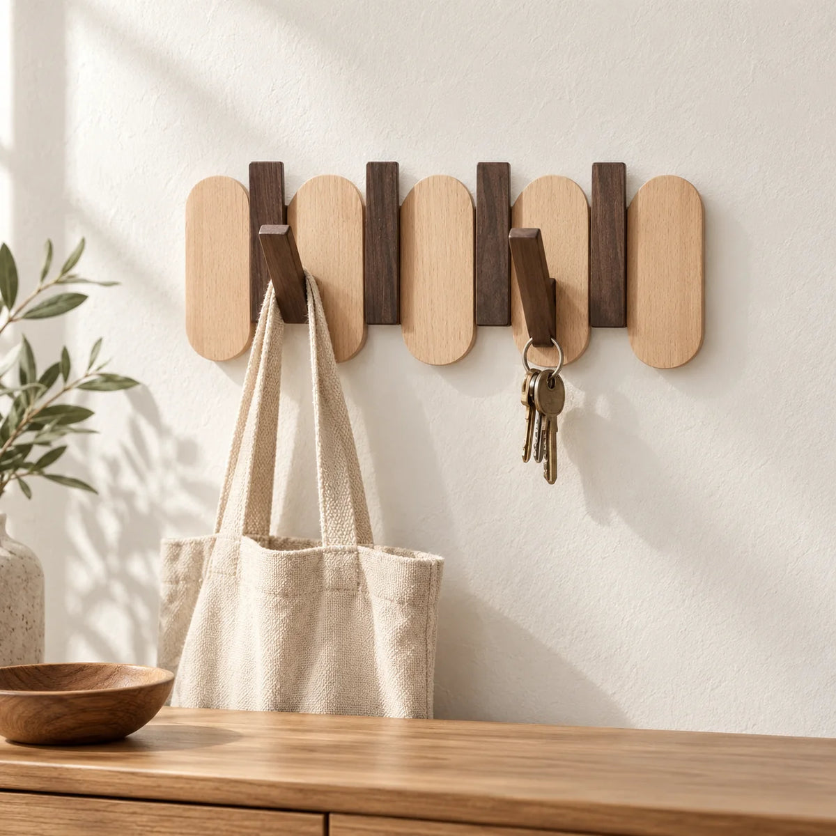 Petit porte-manteau mural en bois clair et foncé avec sac et clés dans une entrée Image