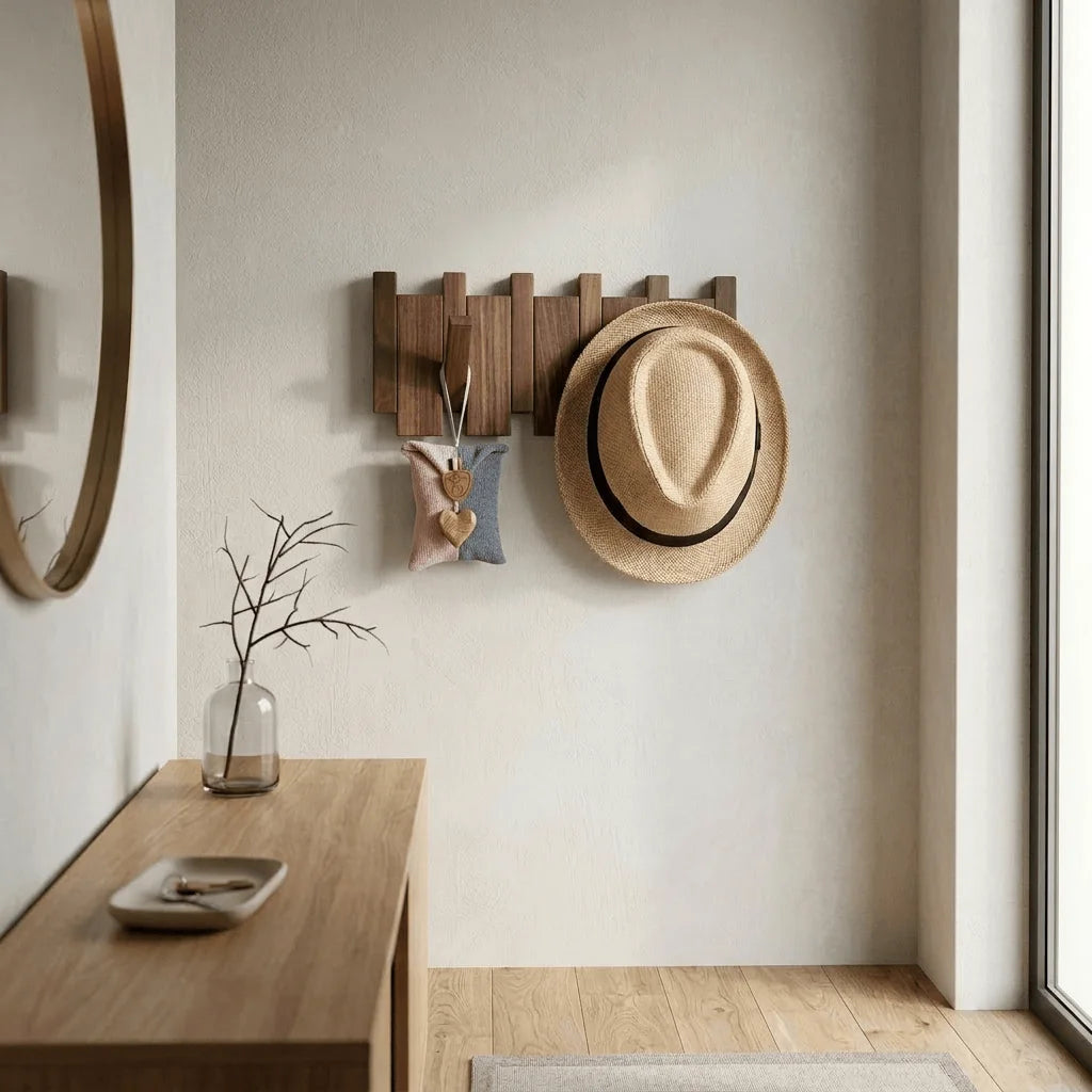 Porte-manteau mural compact en bois foncé dans une entrée, photo originale