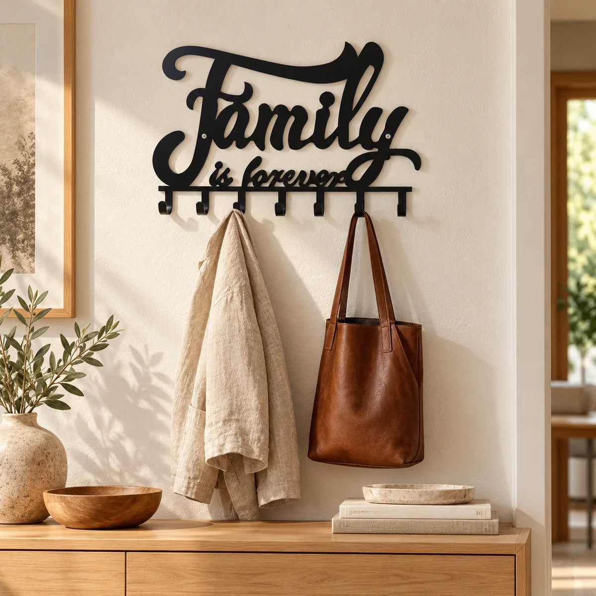 Porte-manteau mural Family noir installé au-dessus d’une console dans une entrée, avec manteau et sac