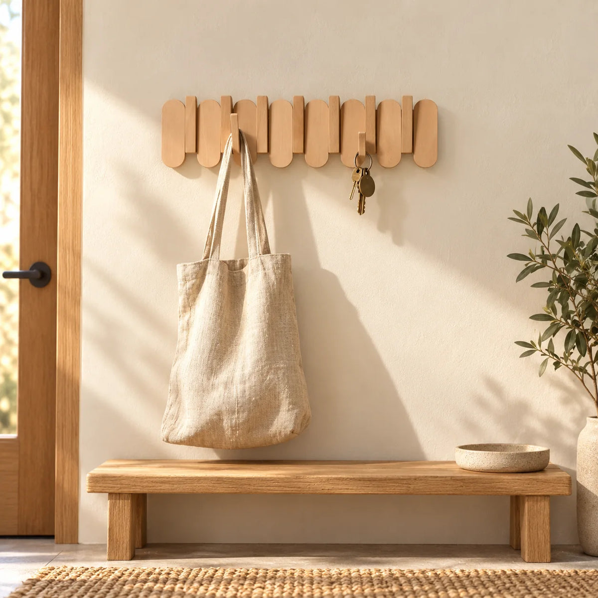 Porte-manteau mural en bois clair avec sac et clés dans une entrée lumineuse