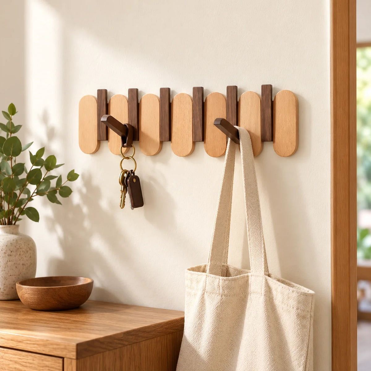 Porte-manteau mural en bois clair et foncé avec sac et clés dans une entrée lumineuse