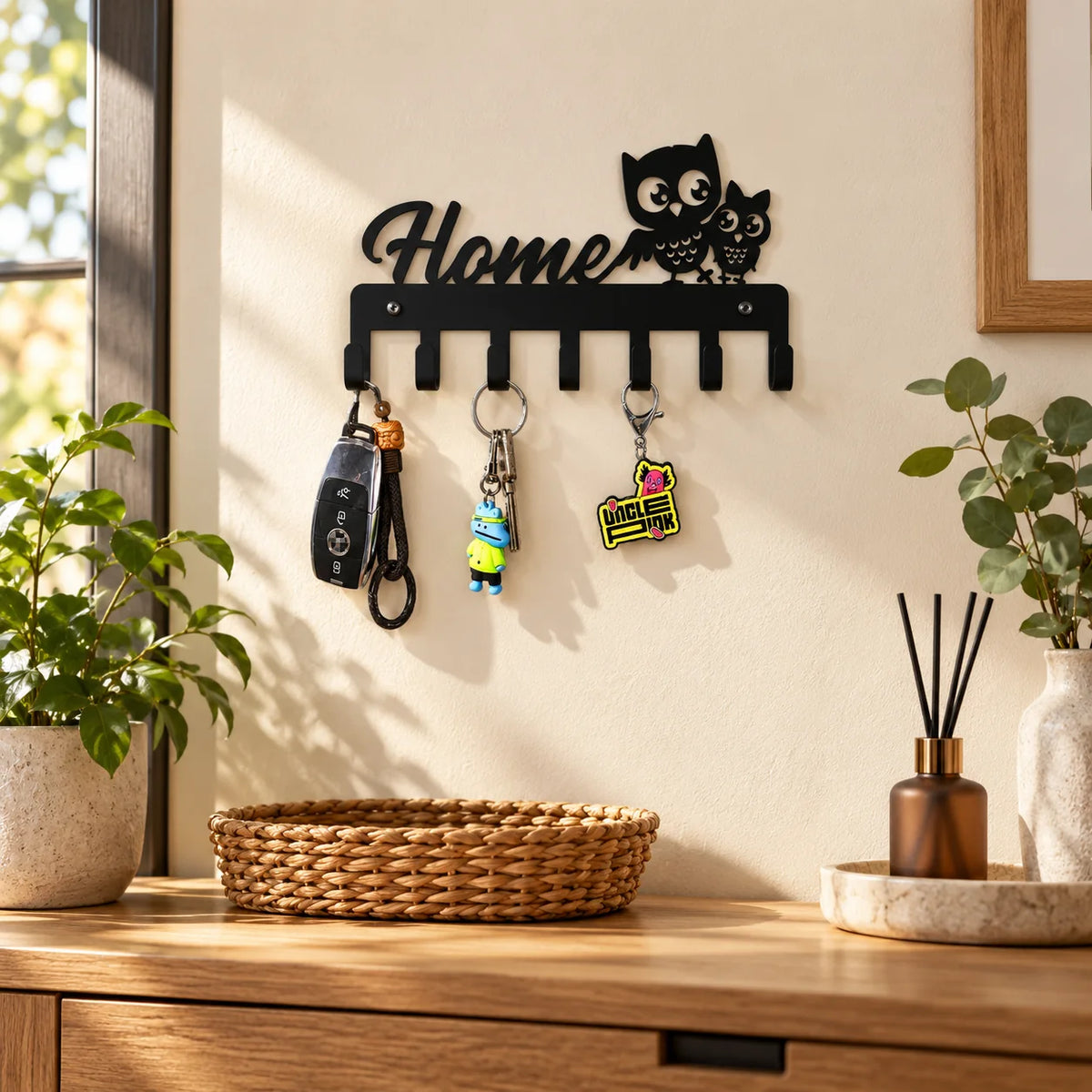 Porte-clés mural Home noir aux deux hiboux installé au-dessus d’une console dans une entrée Image