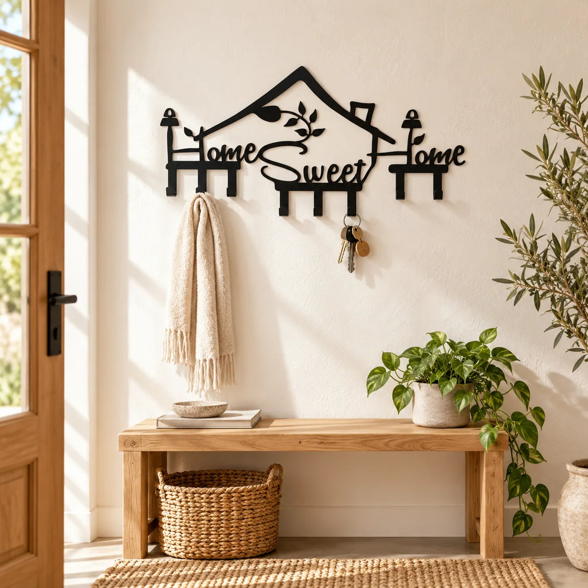 Porte-manteau mural Home Sweet Home noir installé au-dessus d’un banc d’entrée Image