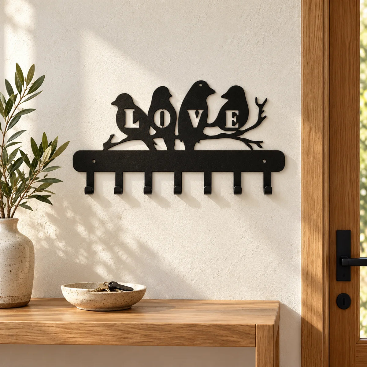 Porte-manteau LOVE noir à sept crochets installé au-dessus d’une console en bois dans une entrée Image