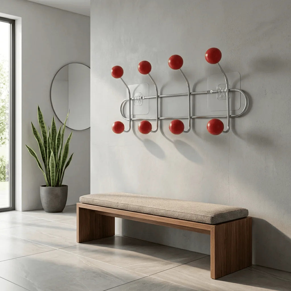 Porte-manteau mural chromé à huit boules rouges dans une entrée grise, photo originale