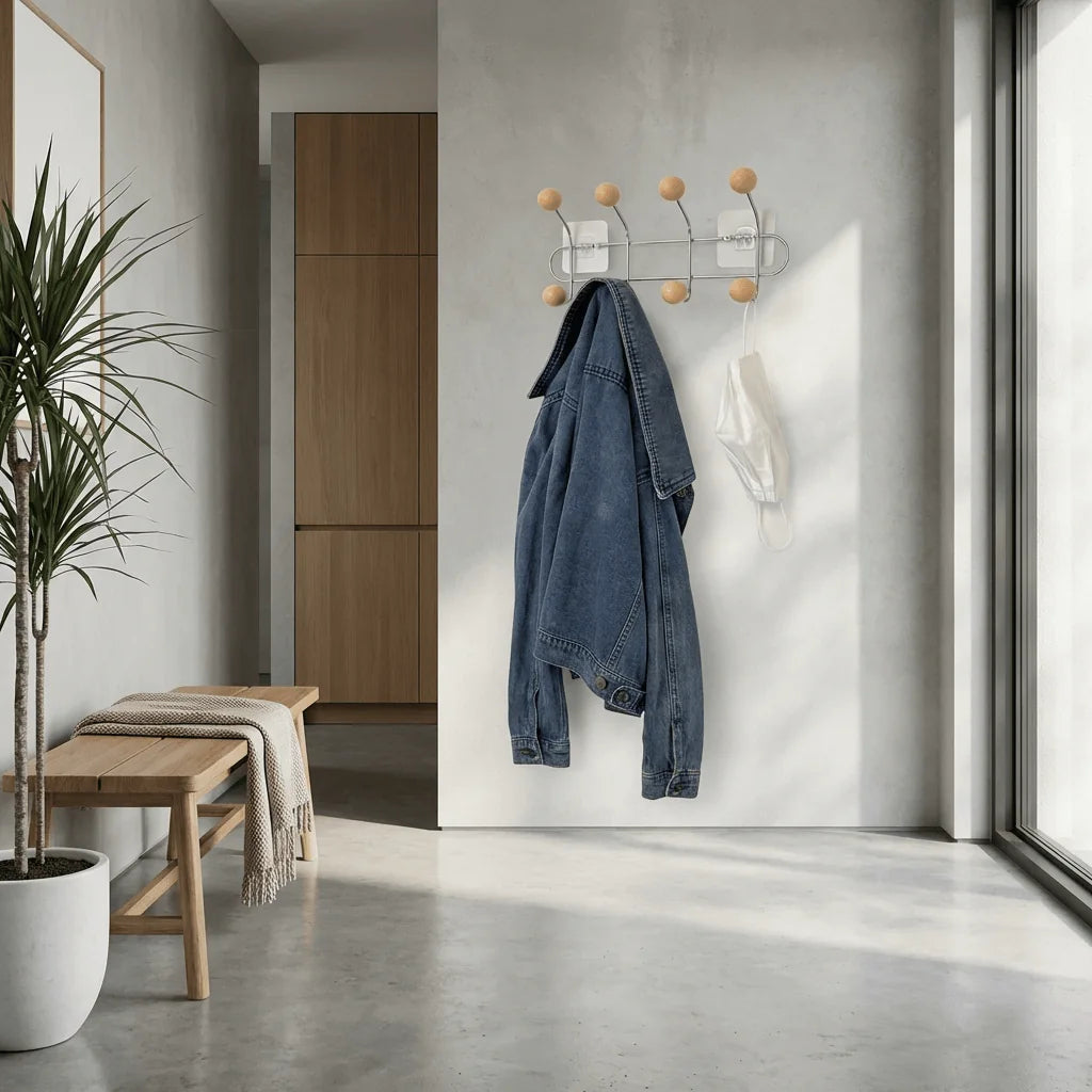 Porte-manteau mural chromé à huit boules bois dans une entrée claire, photo originale