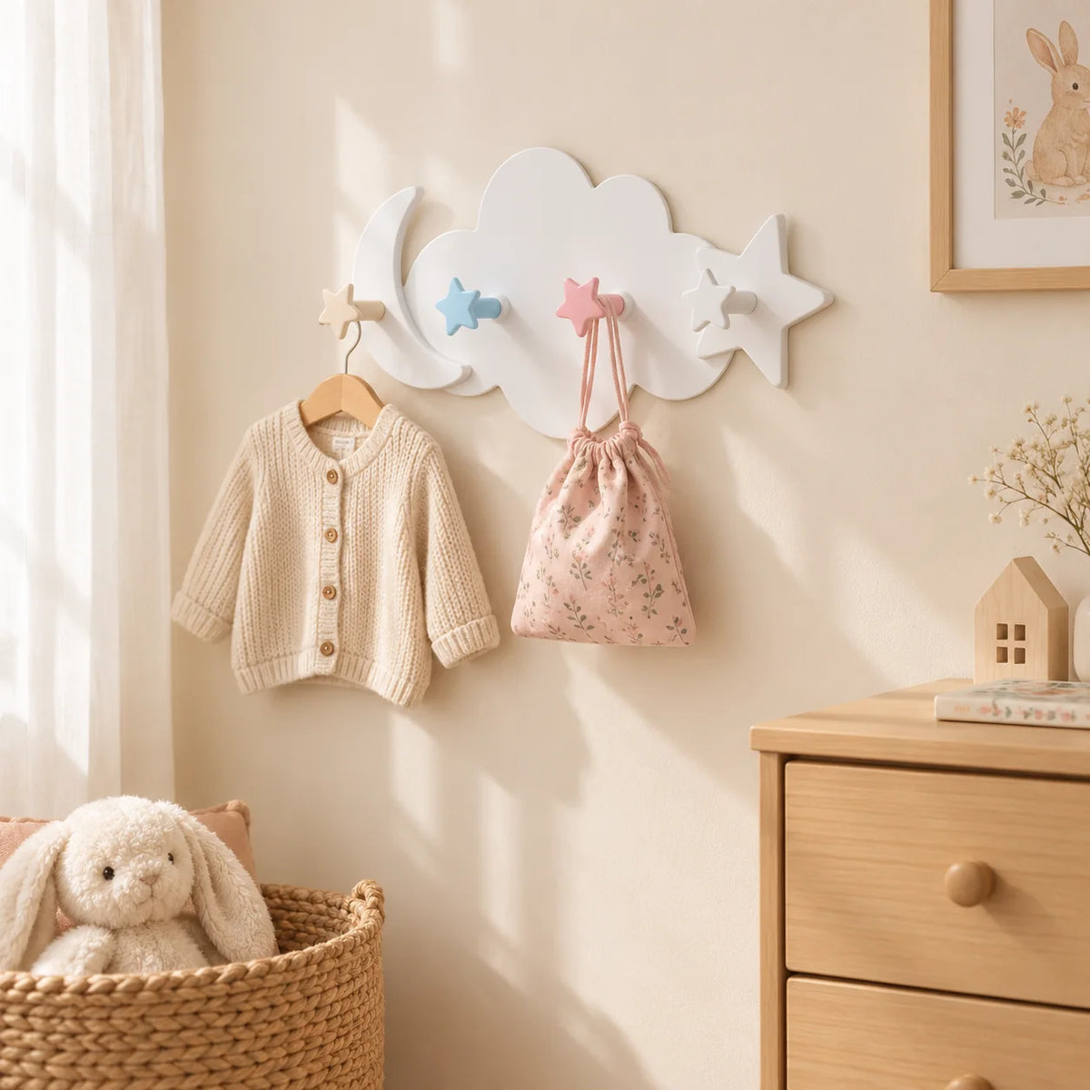 Porte-manteau mural Nuage blanc installé dans une chambre d’enfant avec un gilet et un sac Image