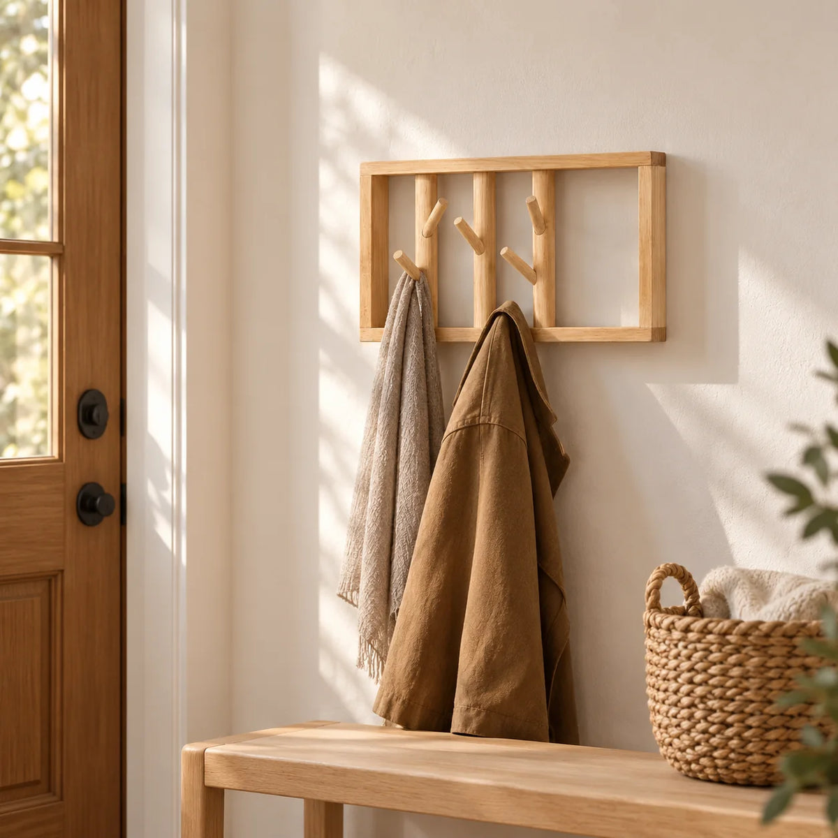 Petit porte-manteau mural en bois clair installé dans une entrée avec manteaux suspendus