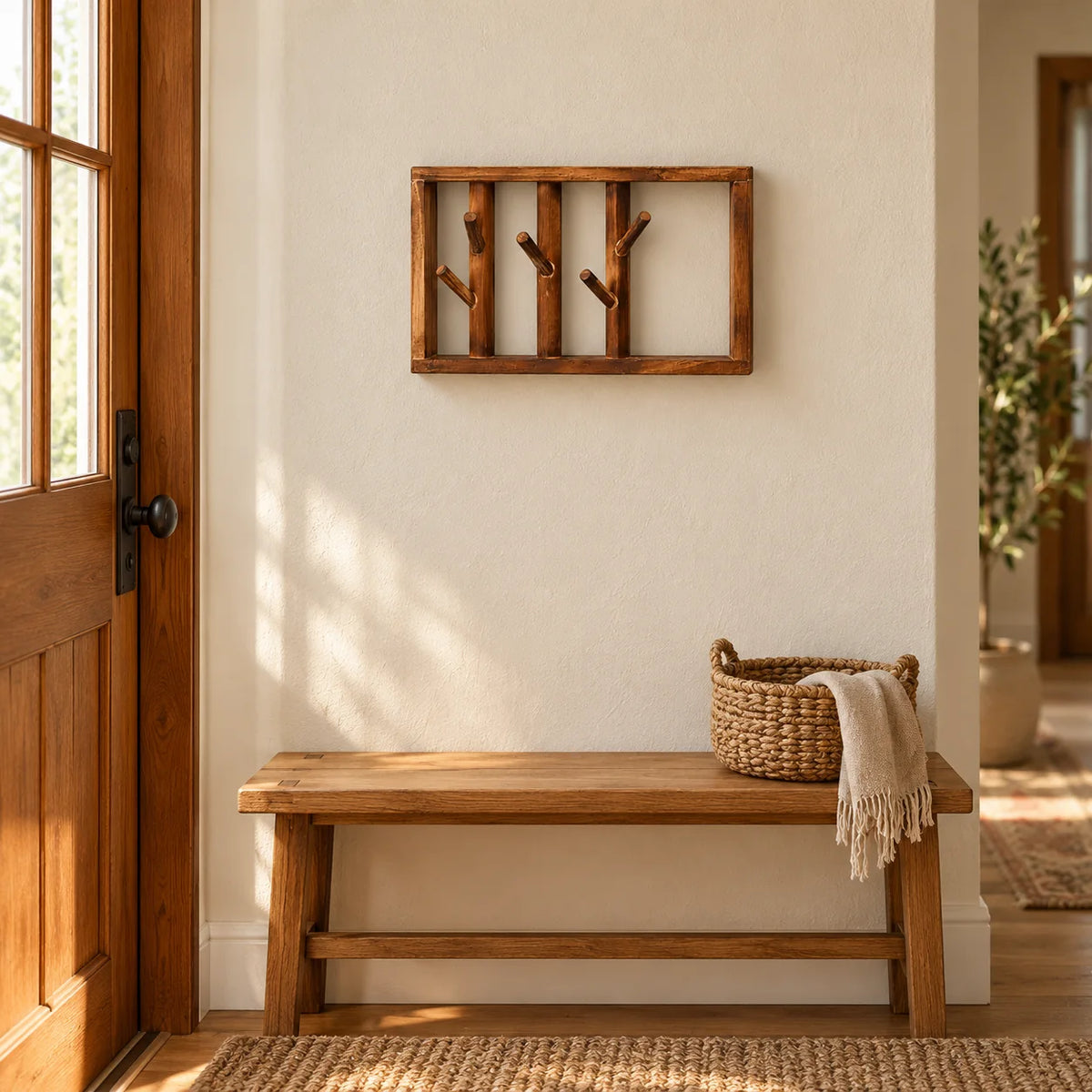 Petit porte-manteau mural Petite Tige Bois marron installé au-dessus d’un banc dans une entrée Image