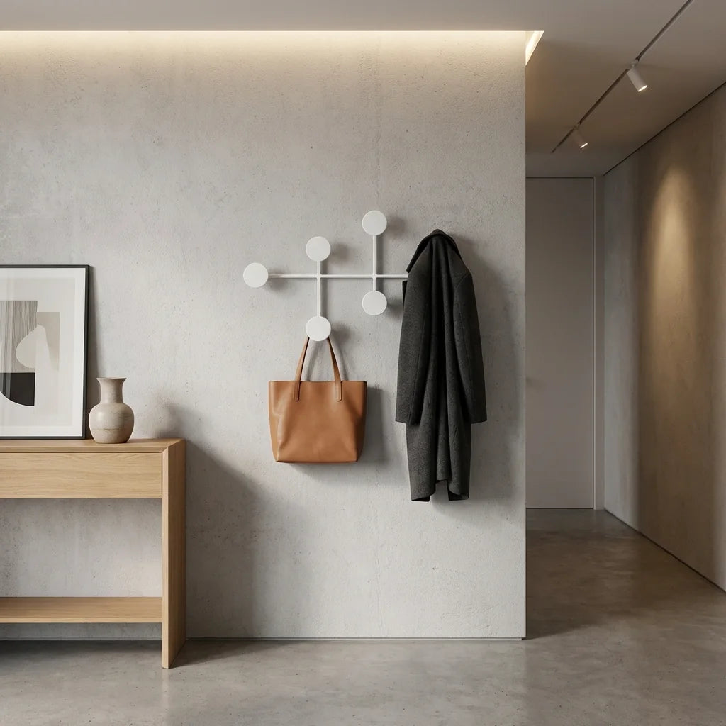 Porte-manteau mural blanc à pastilles rondes avec manteau et sac dans une entrée