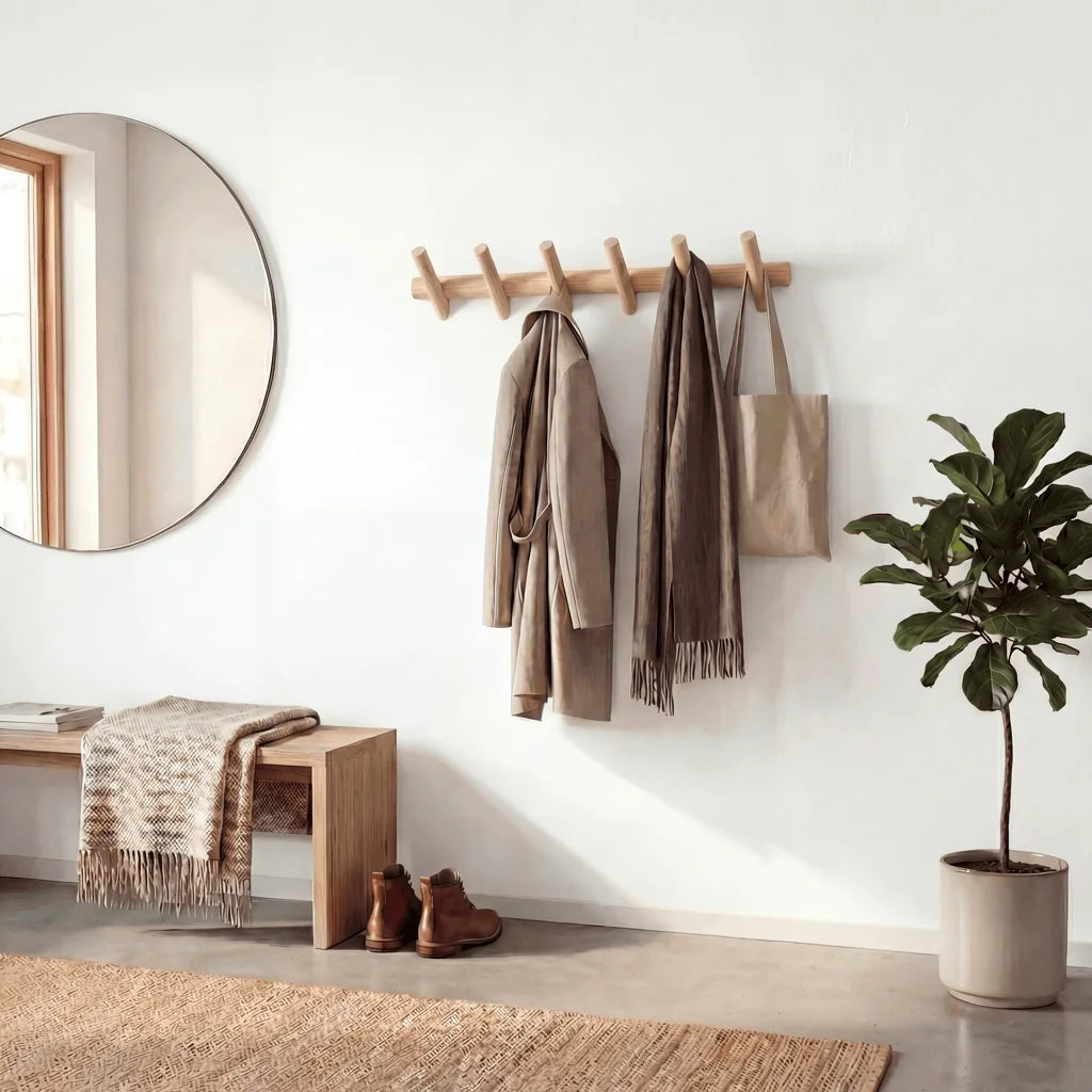 Porte-manteau mural en bois clair à cinq patères dans une entrée avec miroir et banc Image