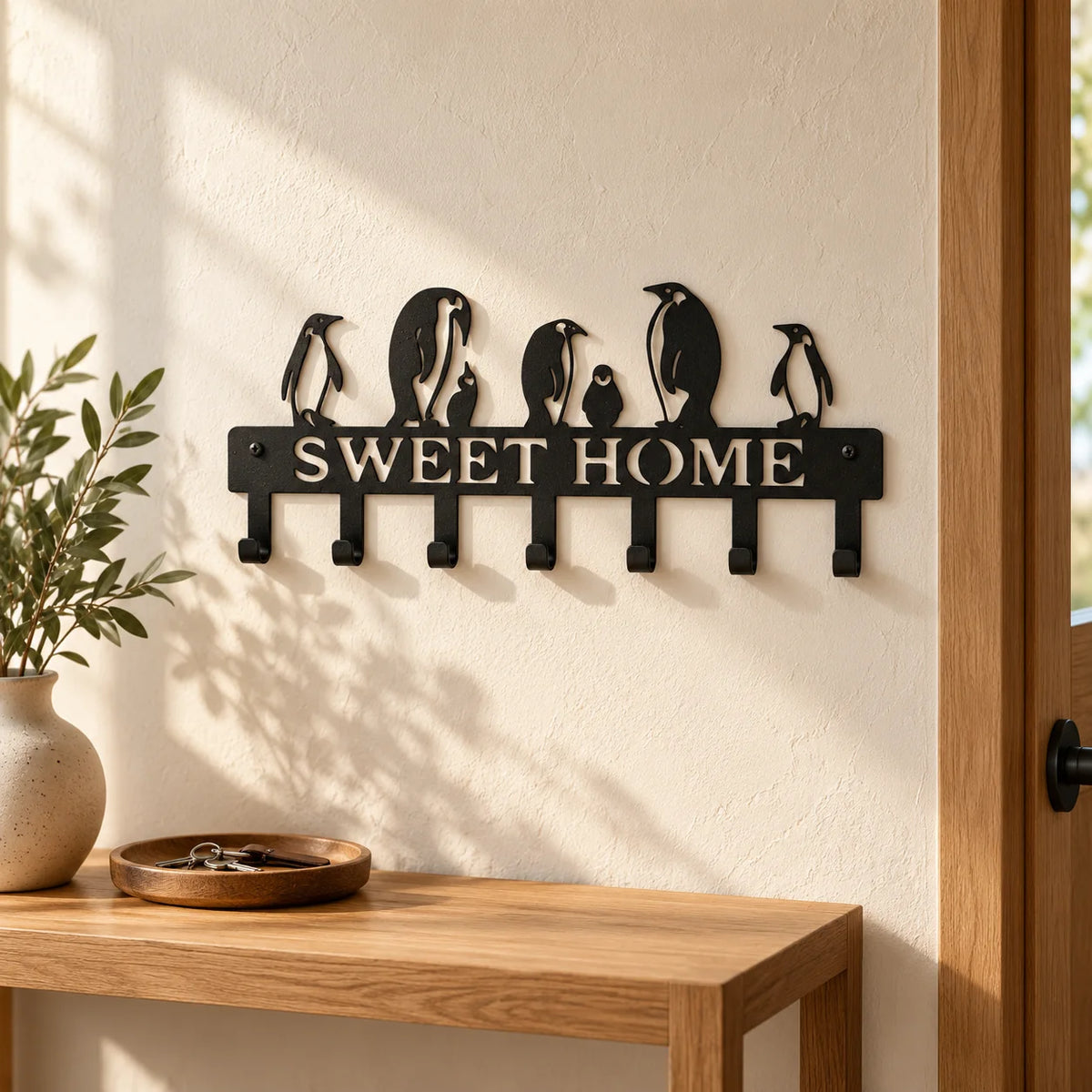 Porte-manteau SWEET HOME noir installé au-dessus d’une console en bois dans une entrée Image