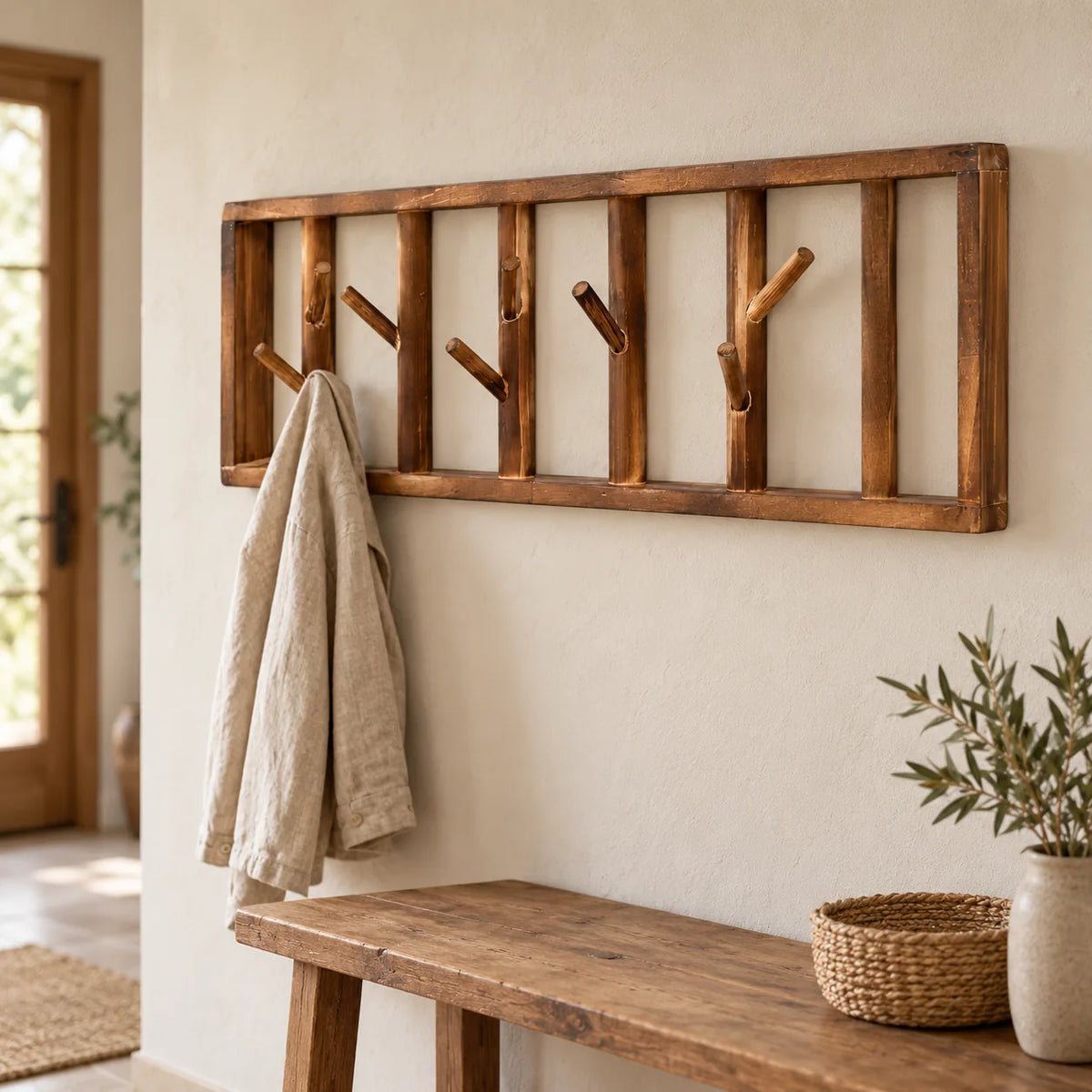 Porte-manteau mural Tige Bois marron installé dans une entrée avec un manteau en lin