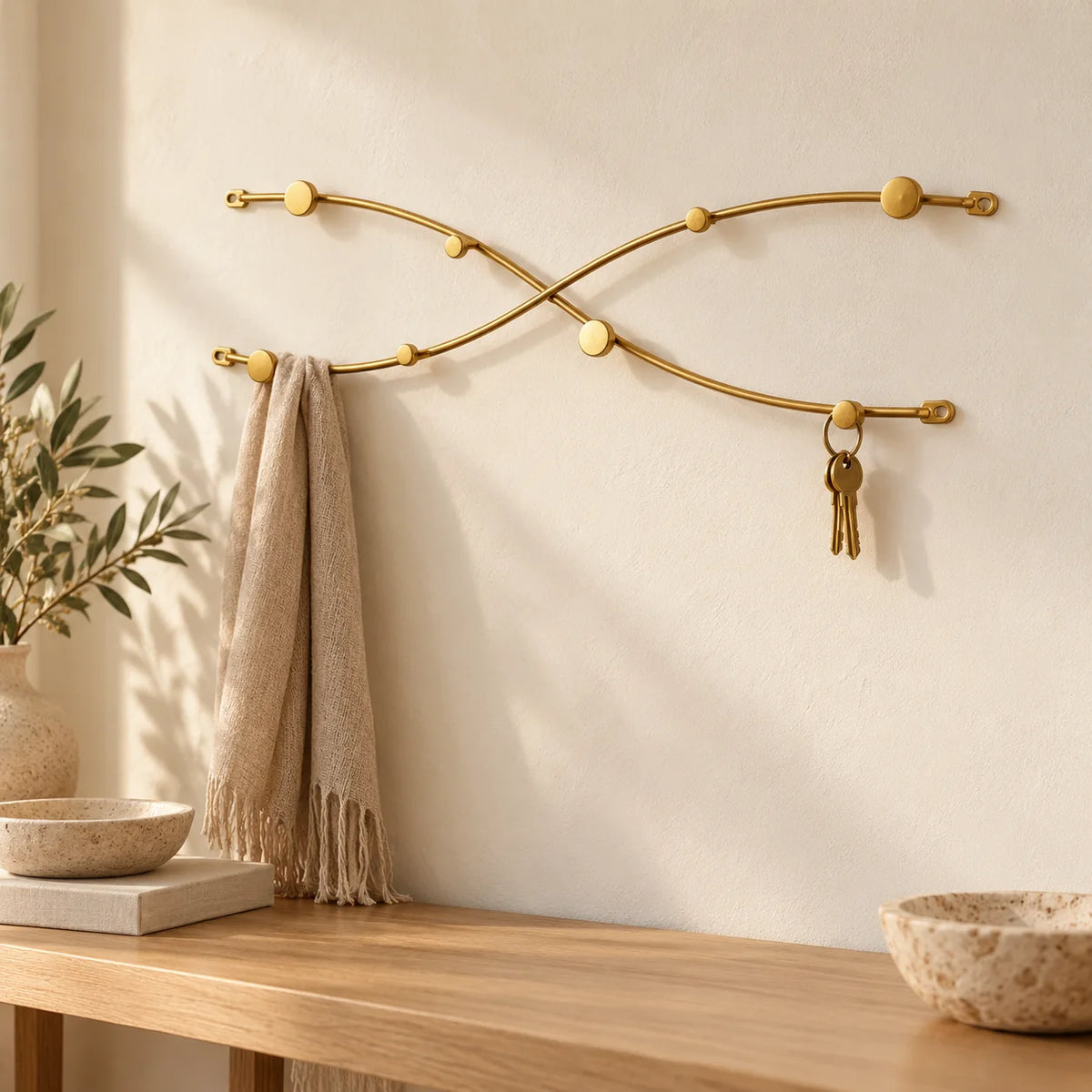Porte-manteau mural doré à deux barres croisées dans une entrée, avec écharpe et clés