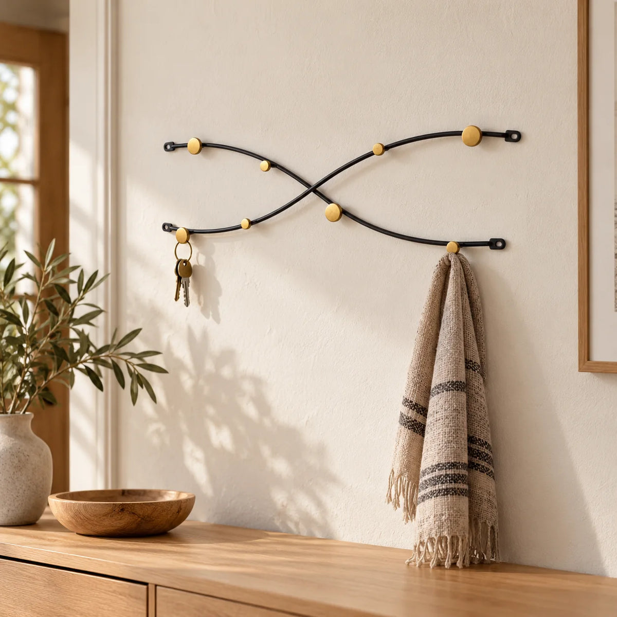 Porte-manteau mural noir à patères dorées dans une entrée avec clés et écharpe suspendues Image