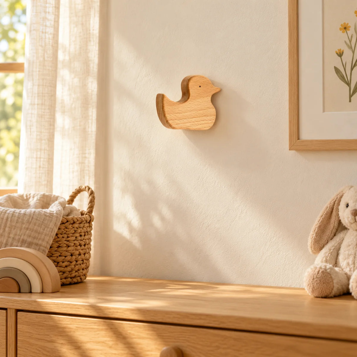 Patère canard unique en bois clair fixée au mur d’une chambre d’enfant