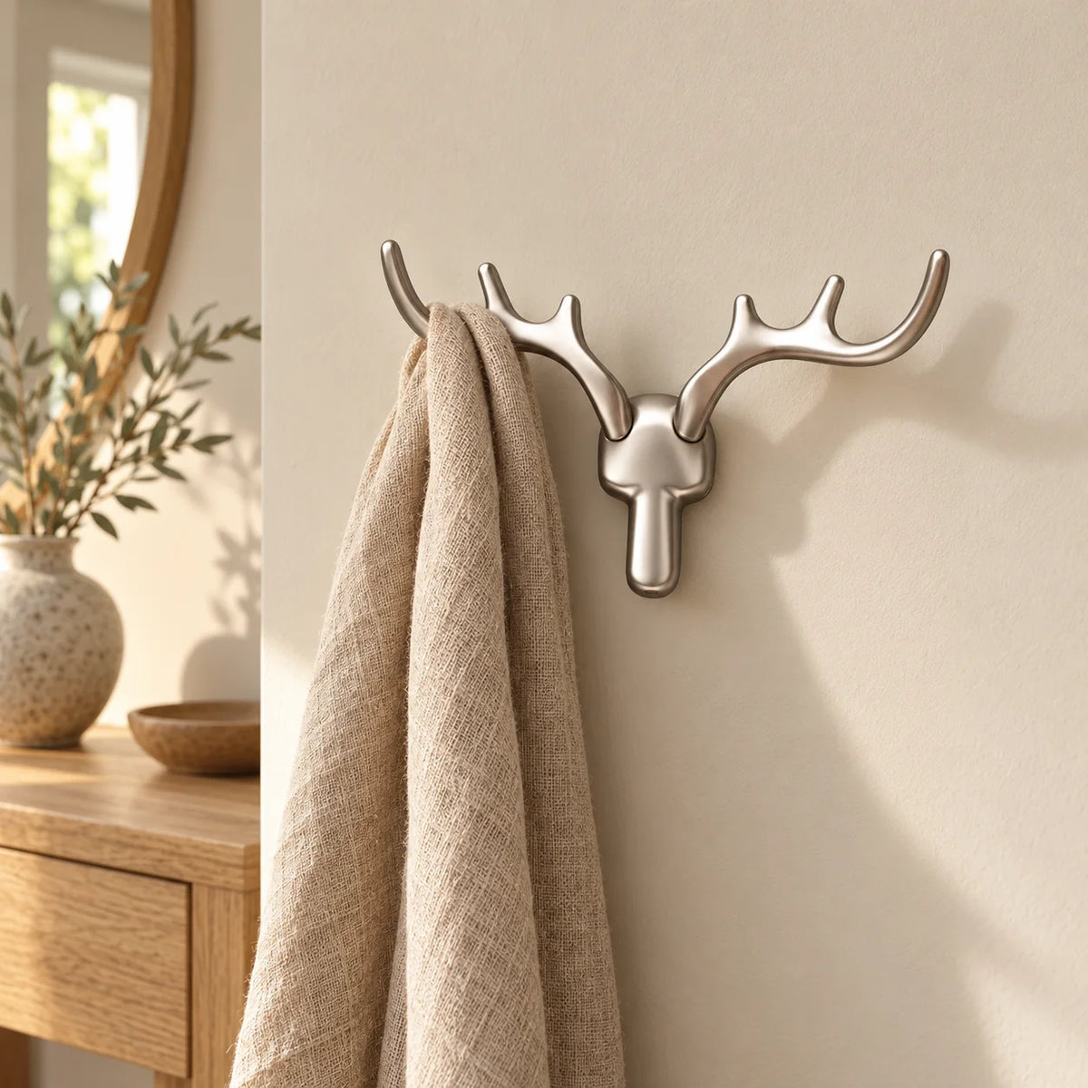 Patère cerf argentée portant une écharpe dans une entrée