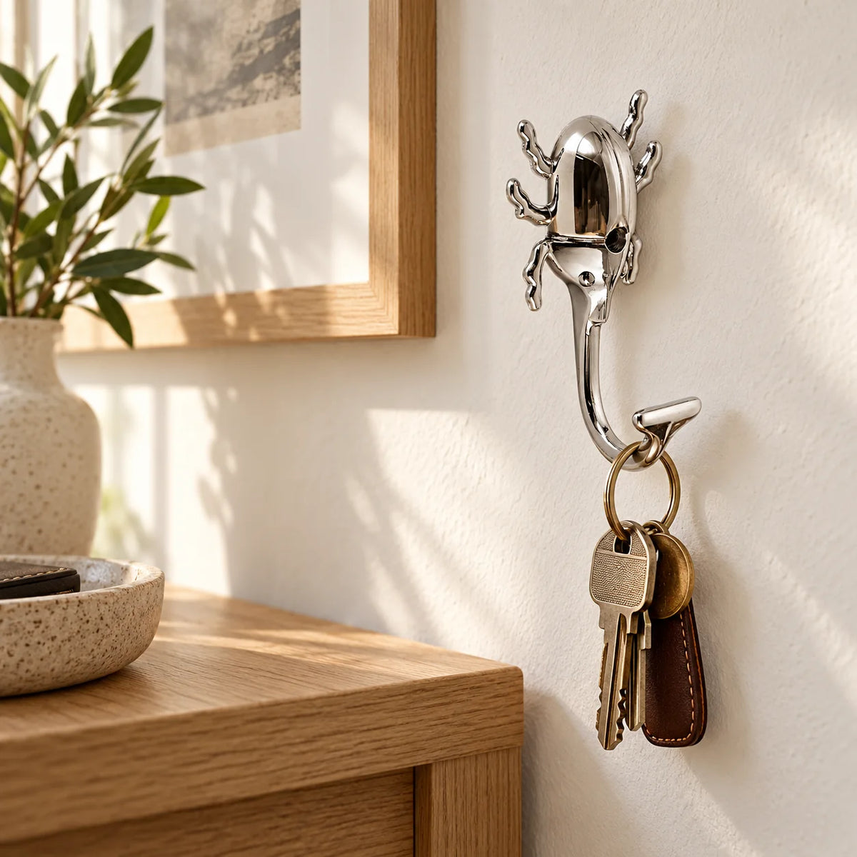 Patère insecte argent installée dans une entrée avec clés suspendues Image