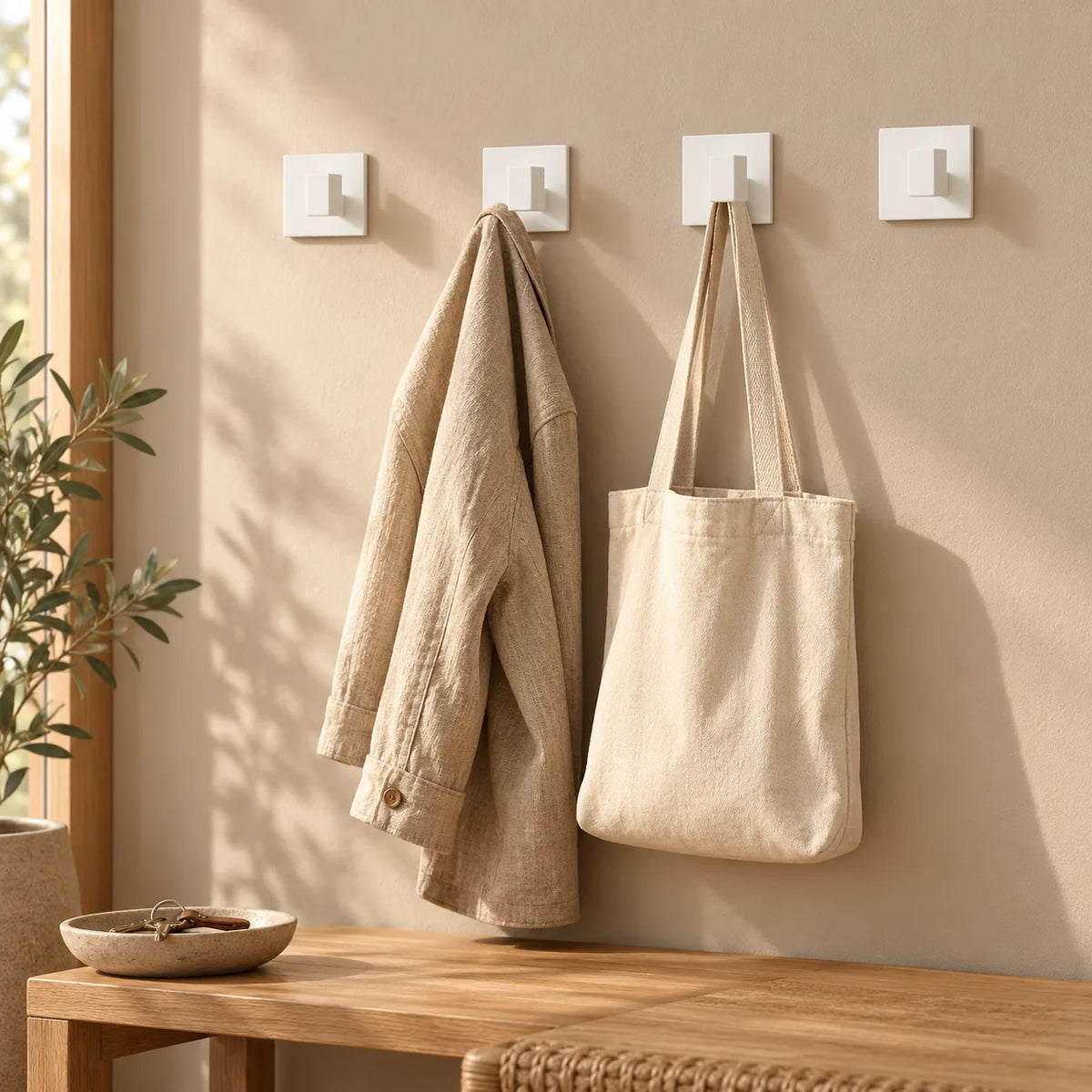 Quatre patères Original blanches dans une entrée avec veste et sac