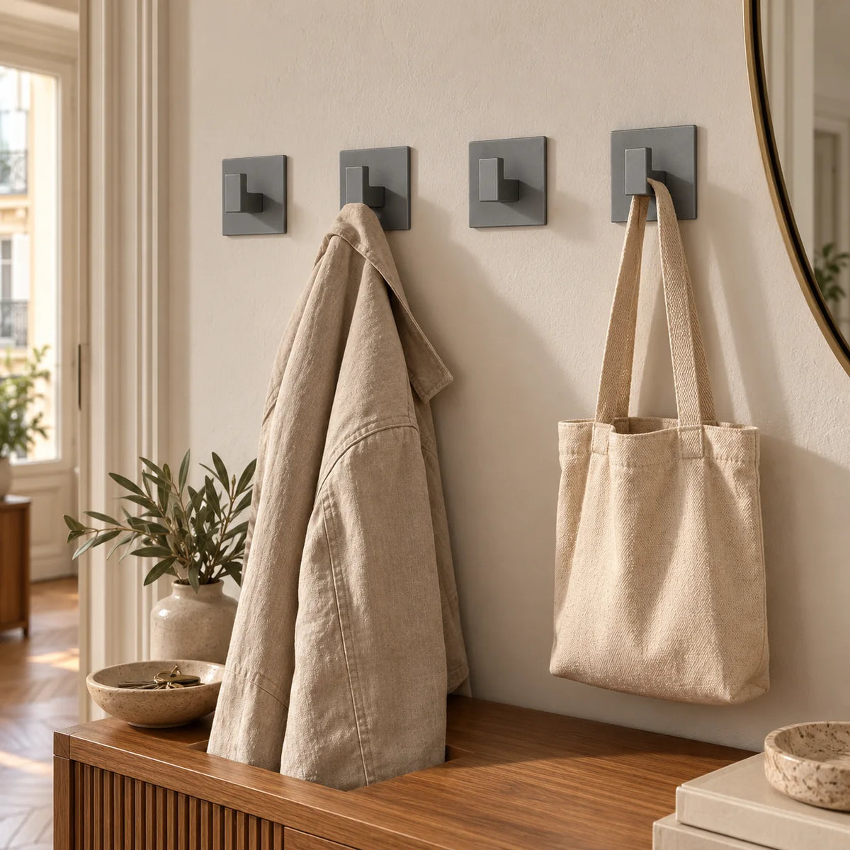 Quatre patères Original grises dans une entrée avec veste et sac Image