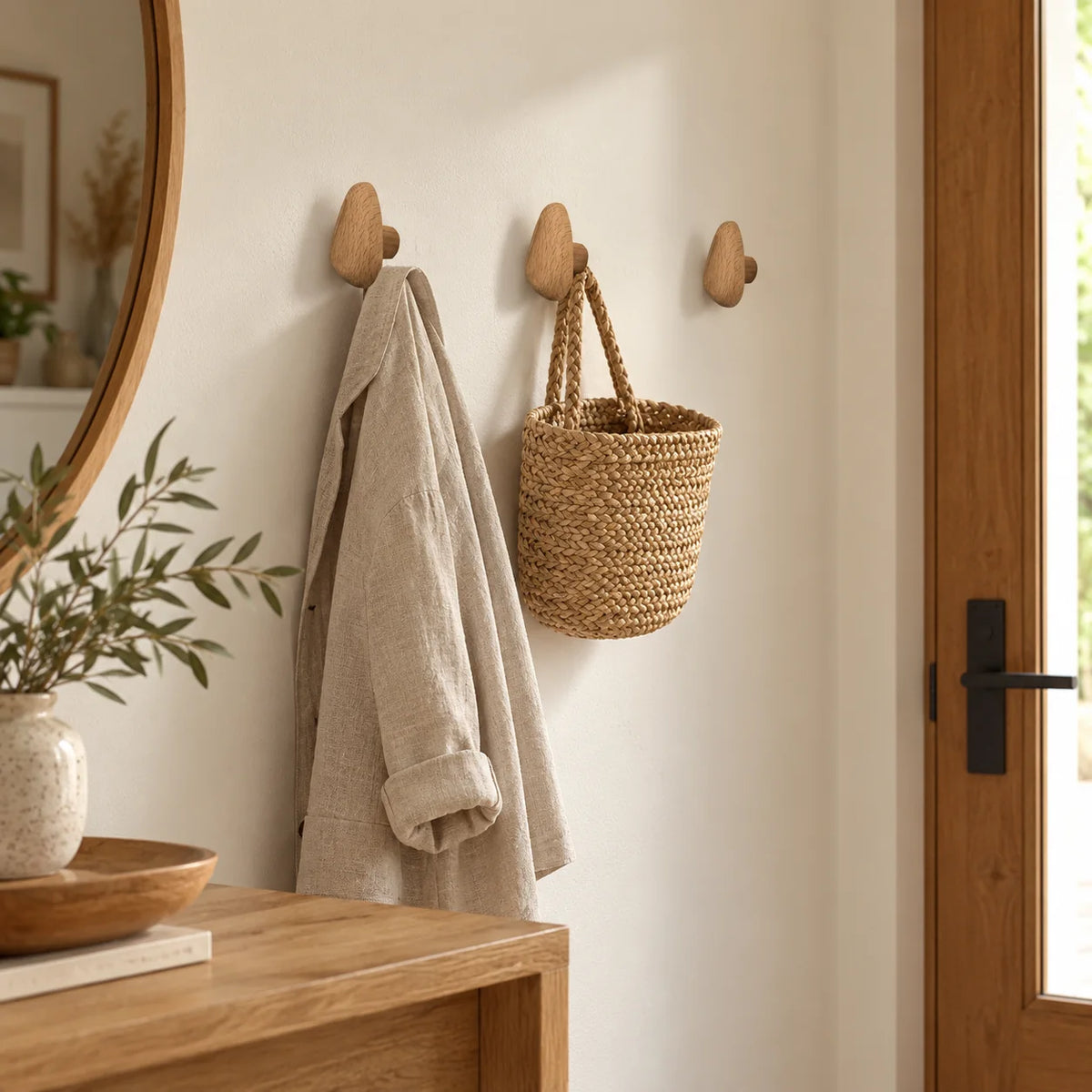 Patères ovales en bois clair avec veste et panier dans une entrée