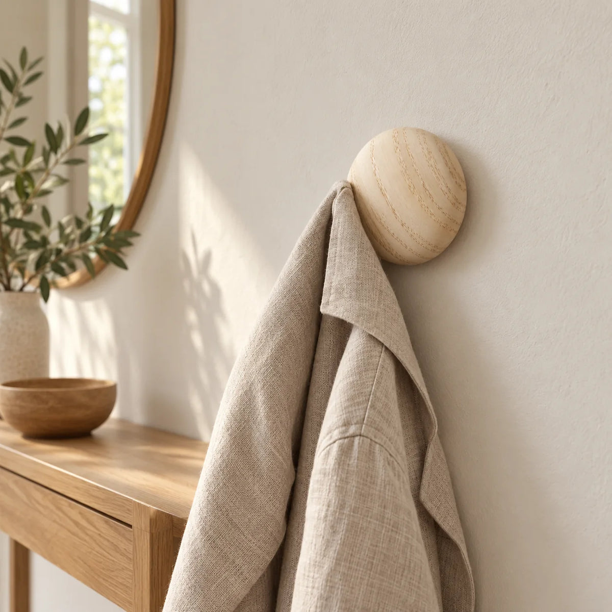Patère ronde en bois clair portant une veste dans une entrée