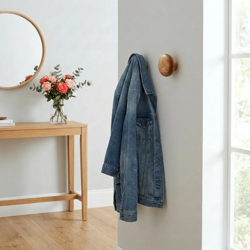 Patère ronde en bois brun foncé avec veste dans une entrée lumineuse