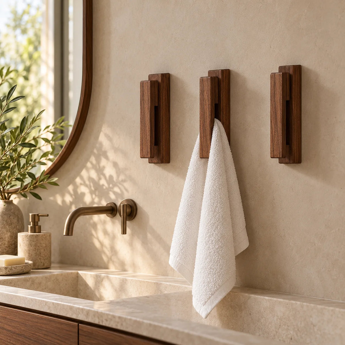 Patères en bois foncé avec serviette dans une salle de bain