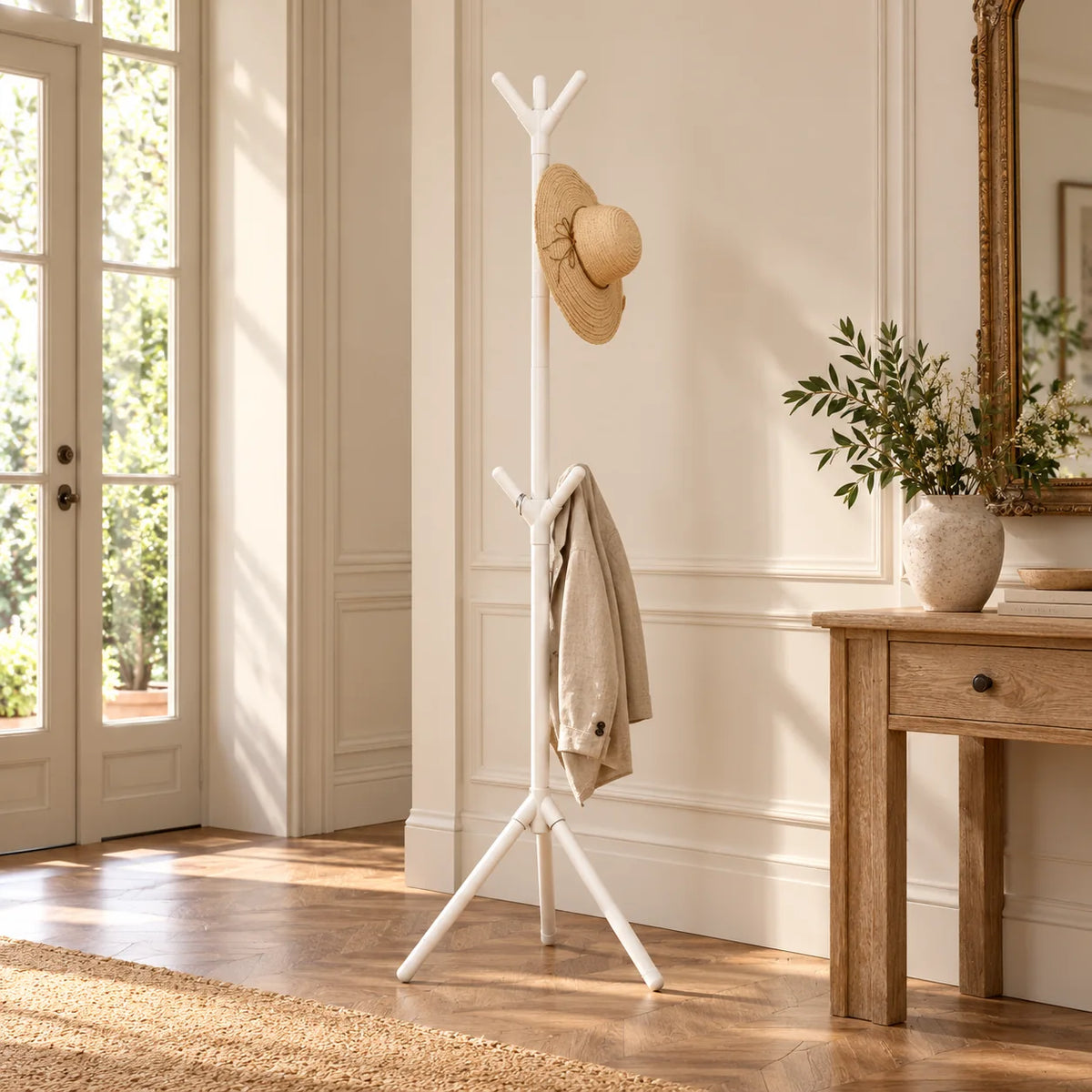 Porte-manteau blanc sur pied dans une entrée lumineuse avec veste et chapeau