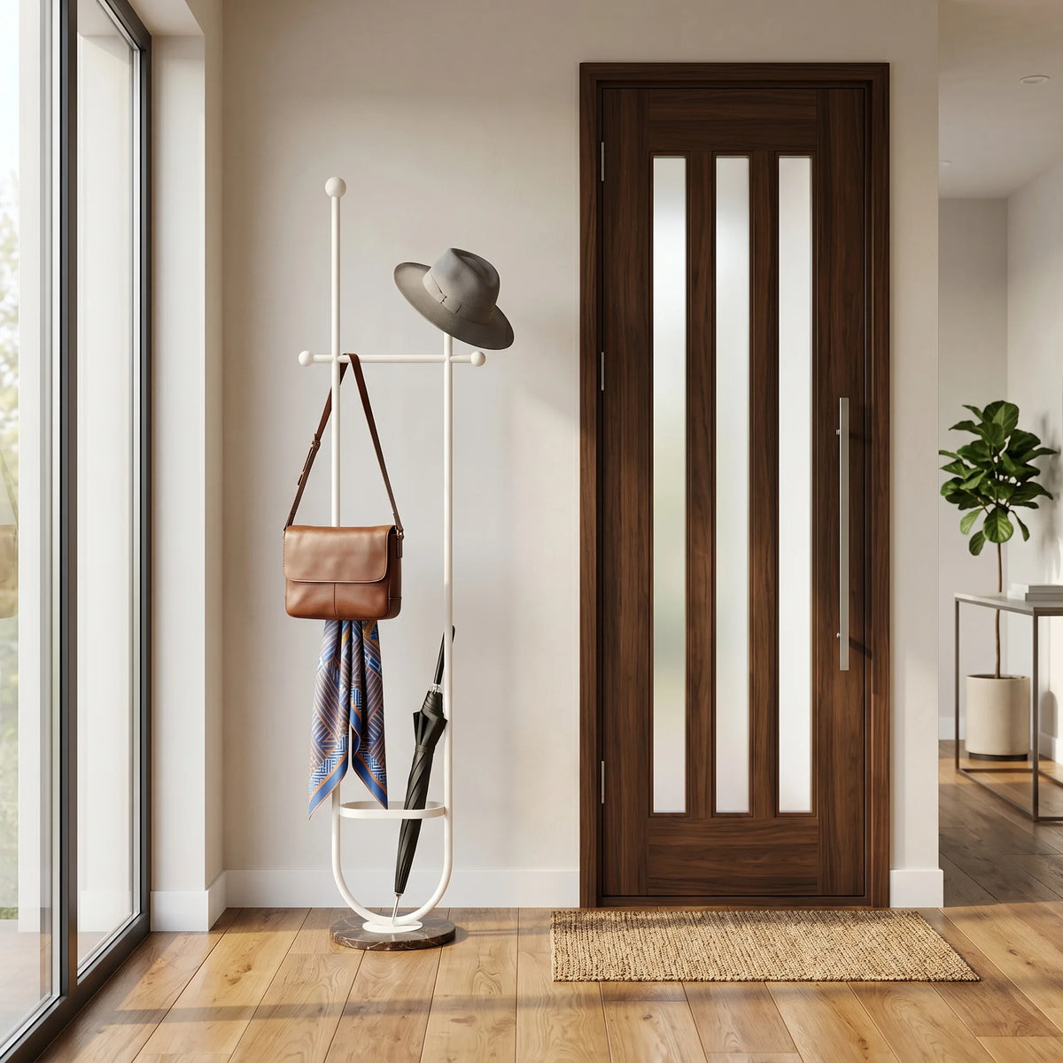Porte-manteau en métal blanc à base ronde sombre dans une entrée lumineuse, avec chapeau gris, foulard coloré, sac brun et parapluie noir