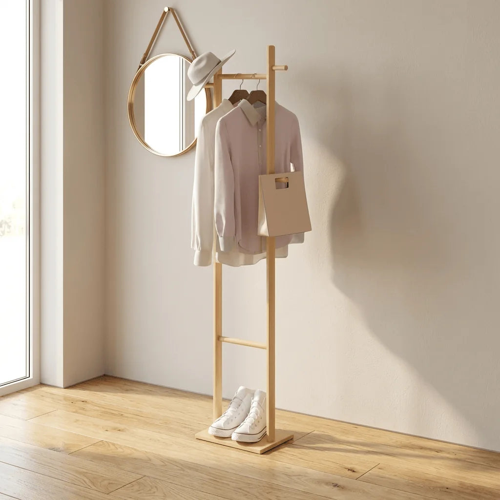 Porte-manteau sur pied en bois clair dans une entrée avec vêtements, photo originale Image