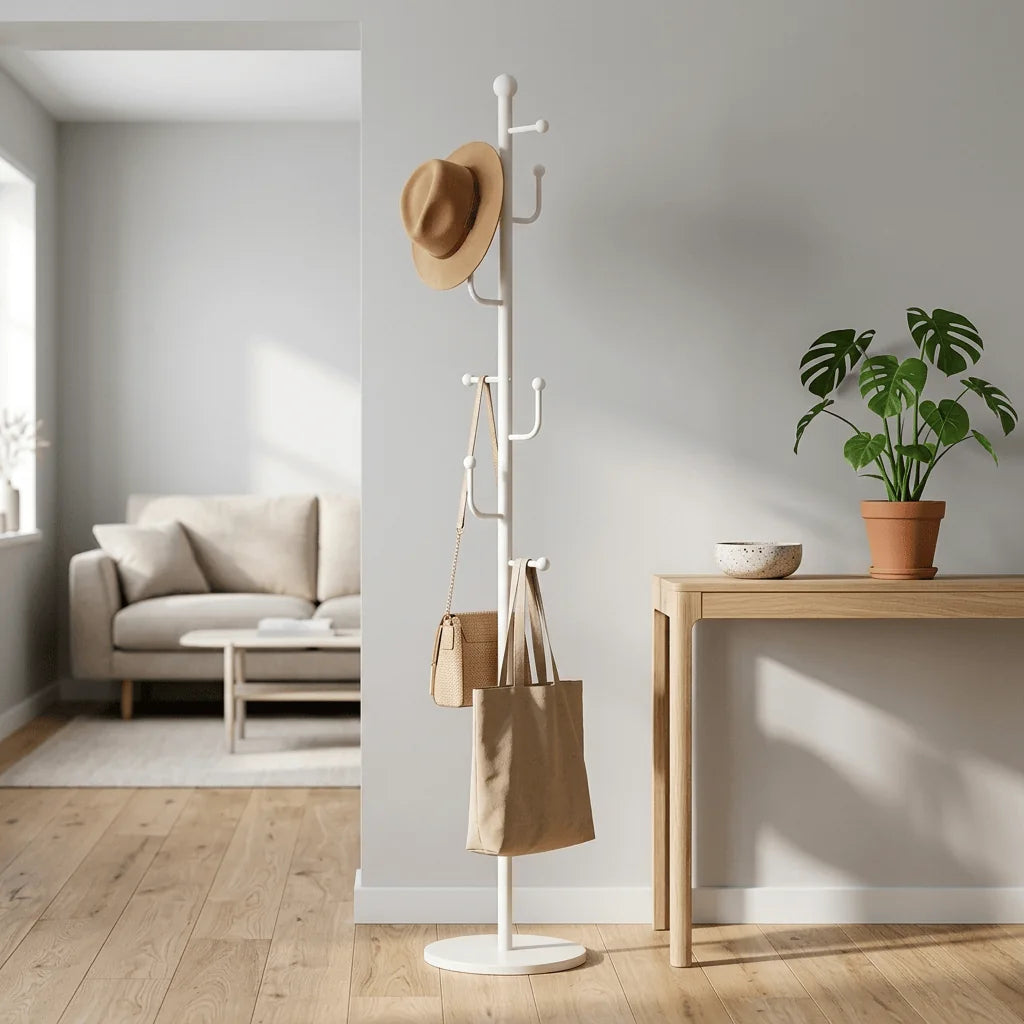 Porte-manteau sur pied blanc dans un intérieur avec chapeau et sac suspendus Image