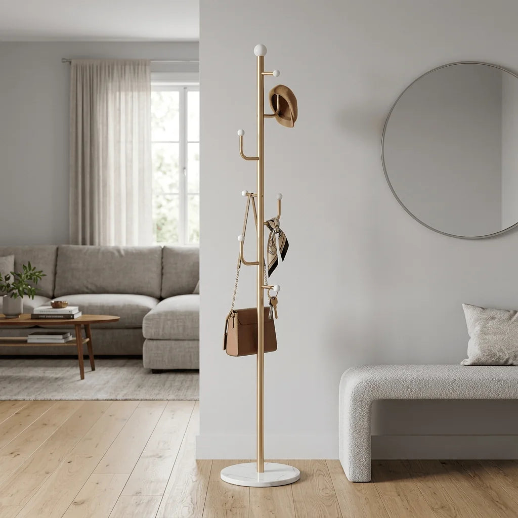 Porte-manteau doré sur pied installé dans un salon clair avec chapeau et sac